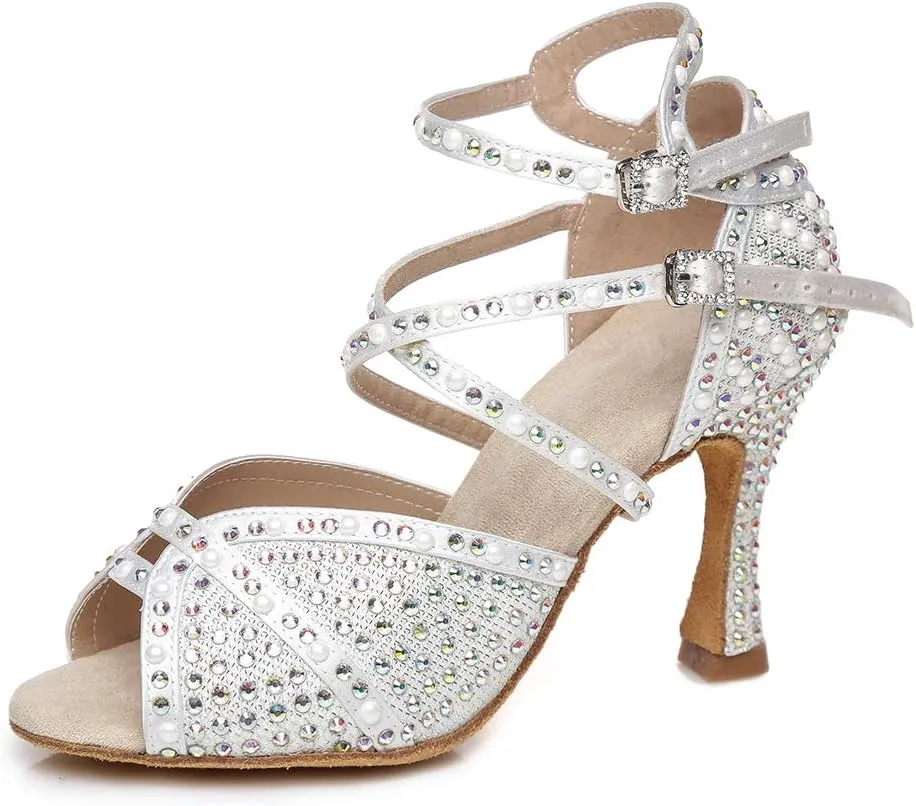 AOQUNFS Women Rhinestones Latin Dance Shoes Ballroom Salsa Performance Wedding Dancing Shoes,Z022
