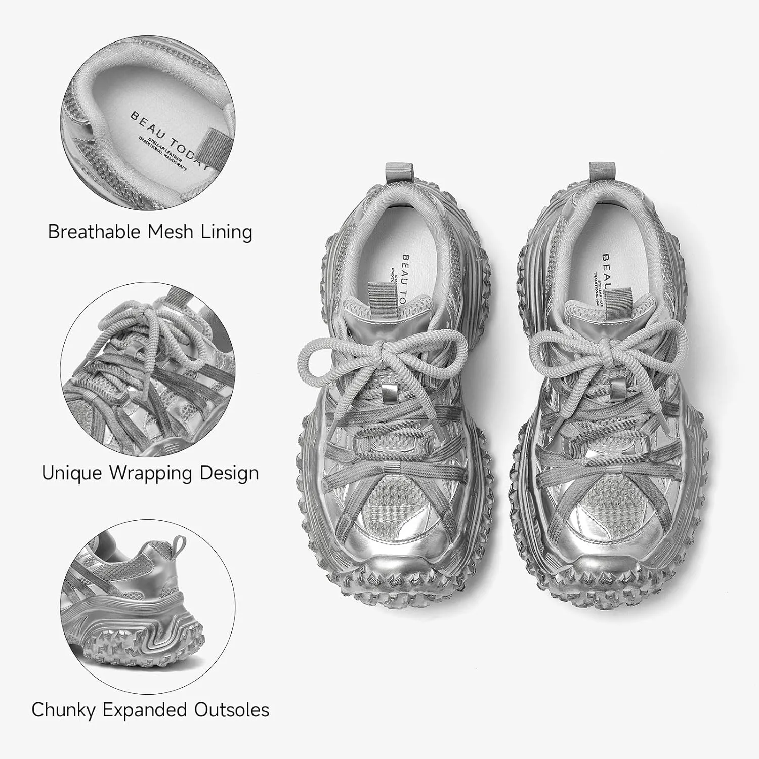 BEAU TODAY Chunky Sneakers for WomenWomens Fashion Sneakers, Genuine Leather Sneakers for Women, Lace Up Comfortable Casual Walking Dad Shoes