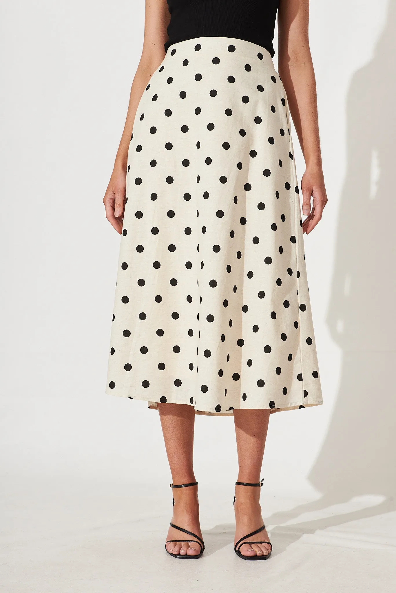 Bellamy Midi Skirt In Oatmeal With Black Polka Dot Linen Blend