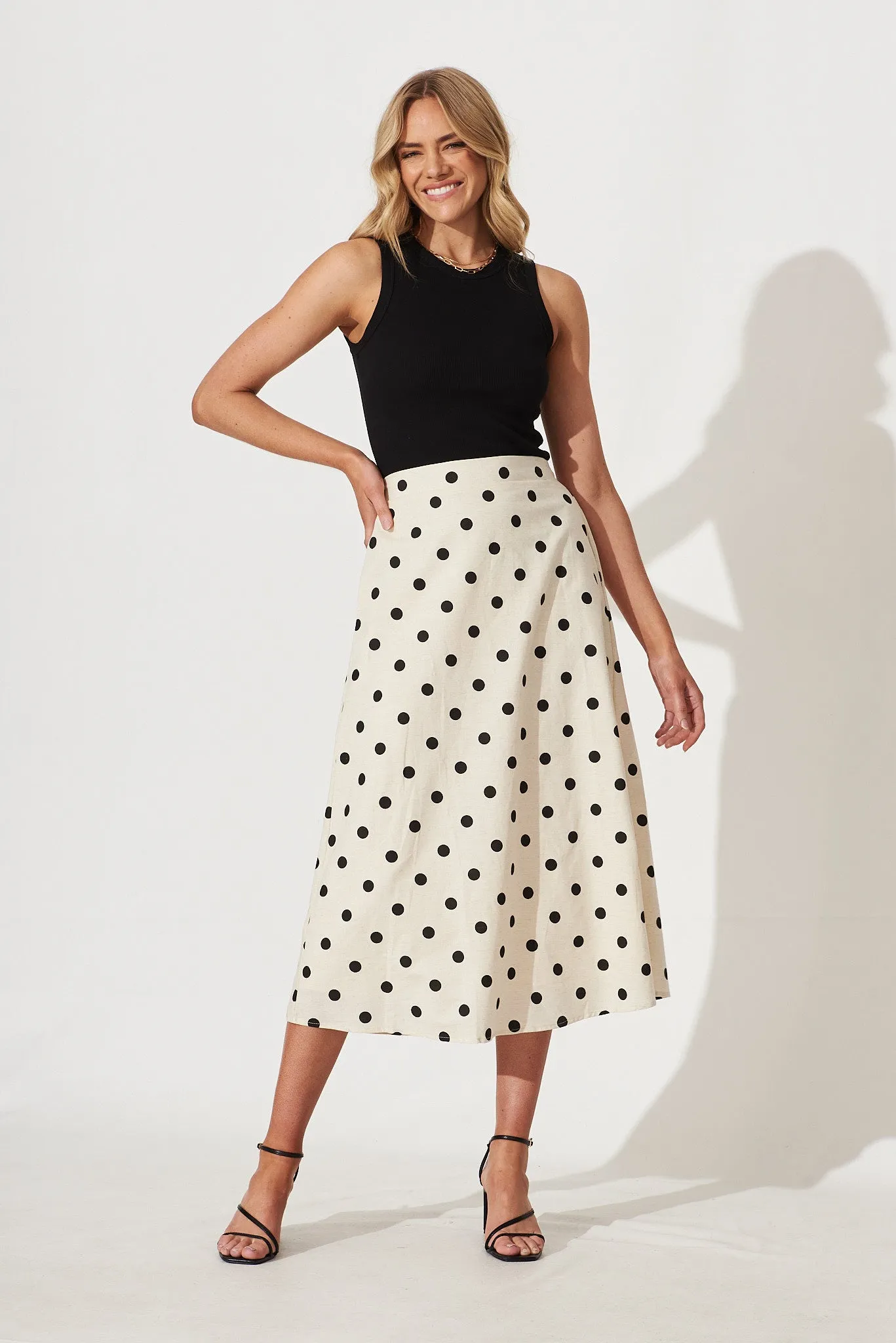Bellamy Midi Skirt In Oatmeal With Black Polka Dot Linen Blend