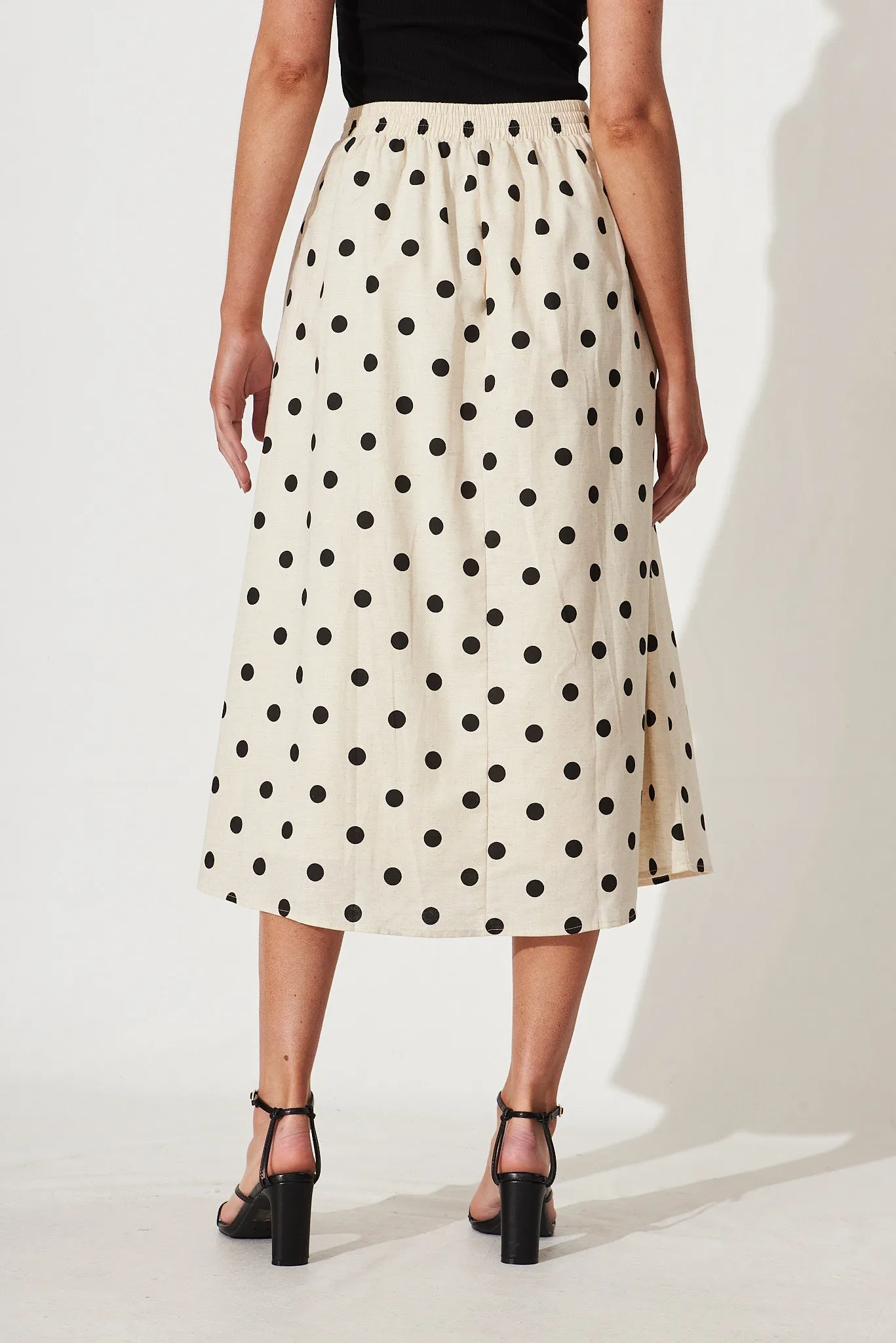 Bellamy Midi Skirt In Oatmeal With Black Polka Dot Linen Blend