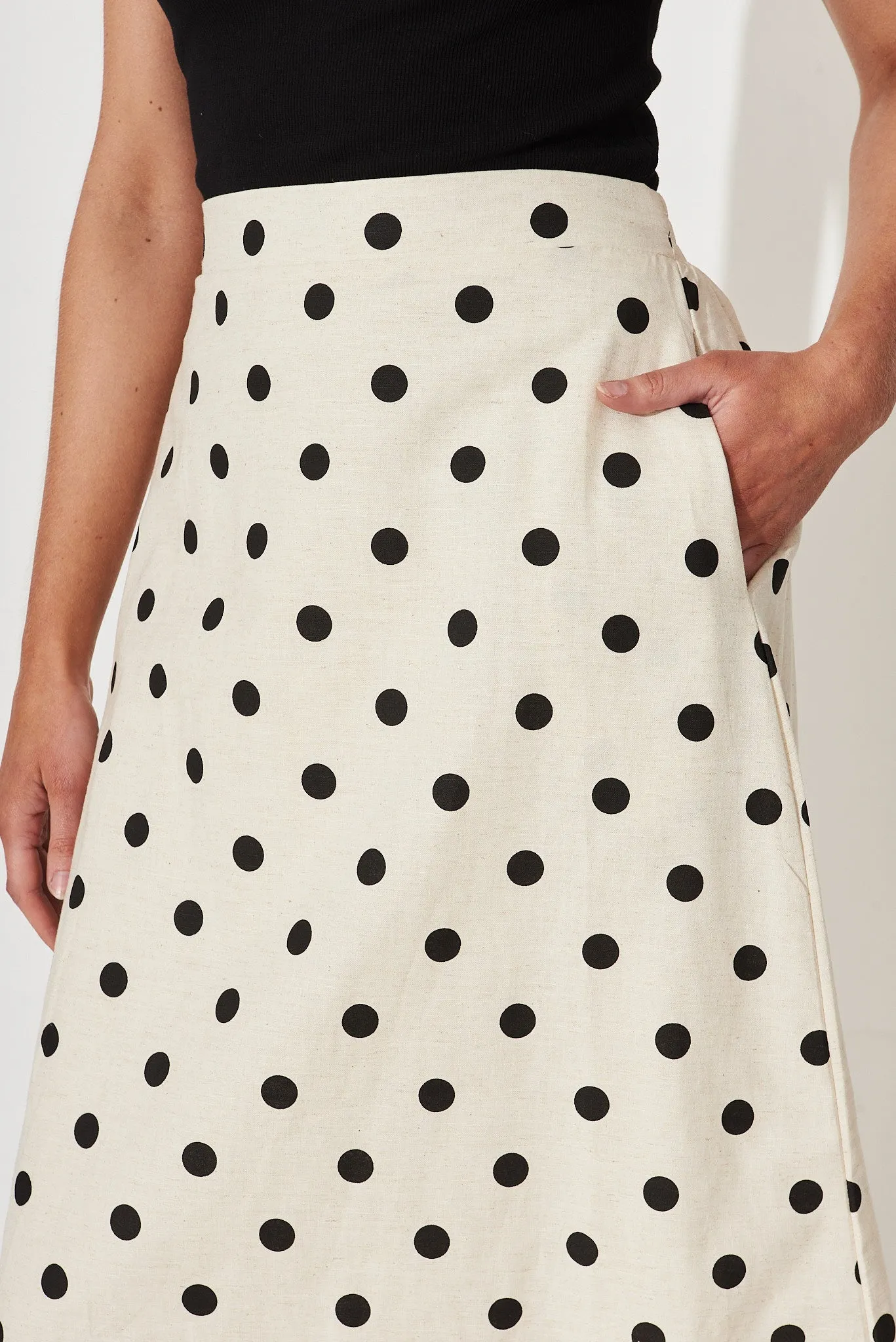 Bellamy Midi Skirt In Oatmeal With Black Polka Dot Linen Blend
