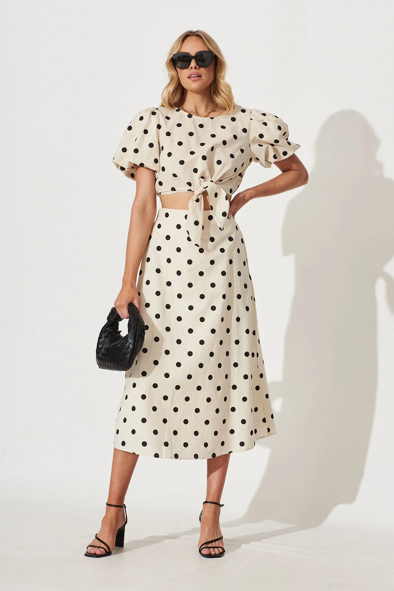 Bellamy Midi Skirt In Oatmeal With Black Polka Dot Linen Blend
