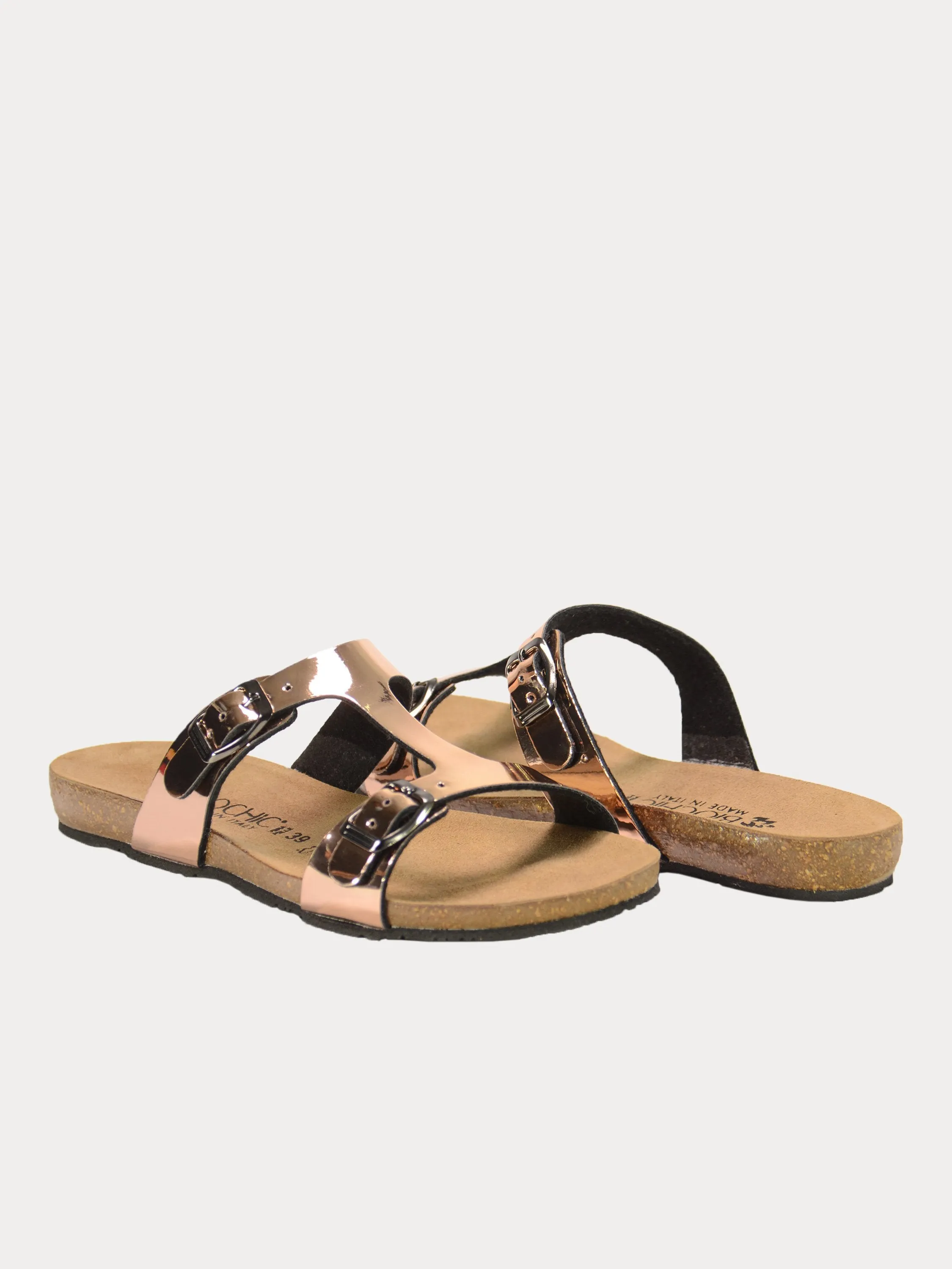 Biochic Women's Dual Strap Metallic Flat Sandals