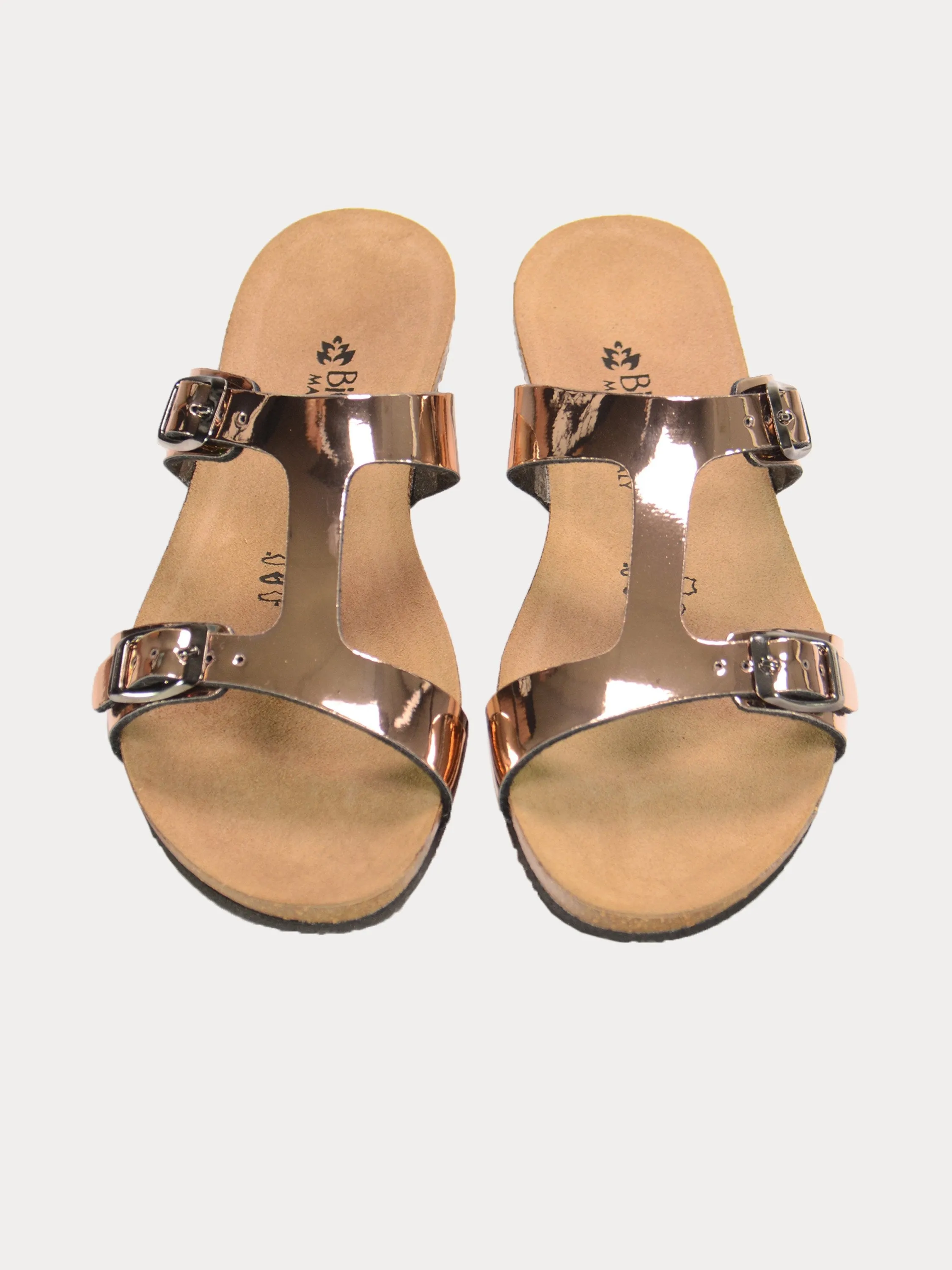 Biochic Women's Dual Strap Metallic Flat Sandals