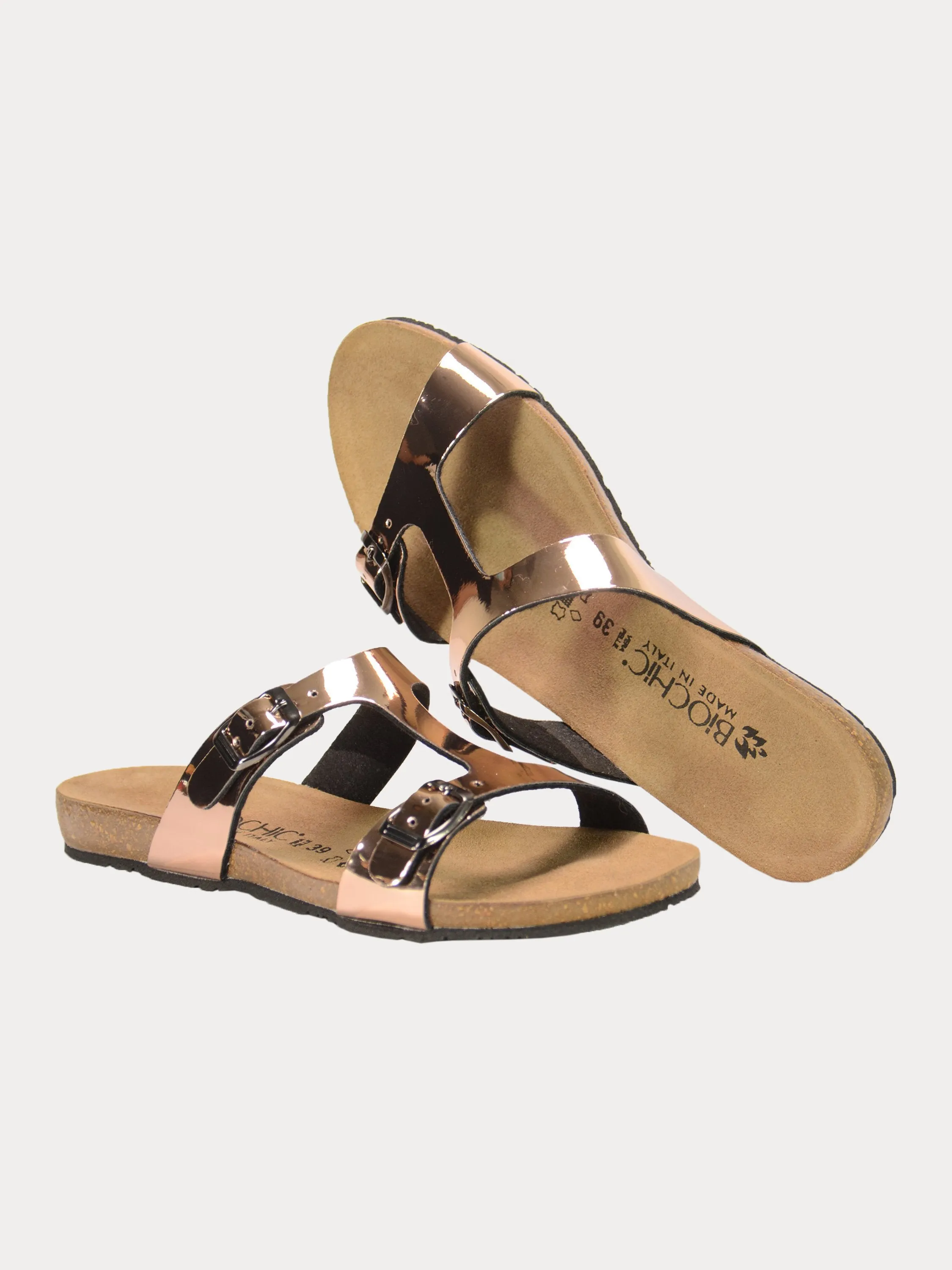 Biochic Women's Dual Strap Metallic Flat Sandals
