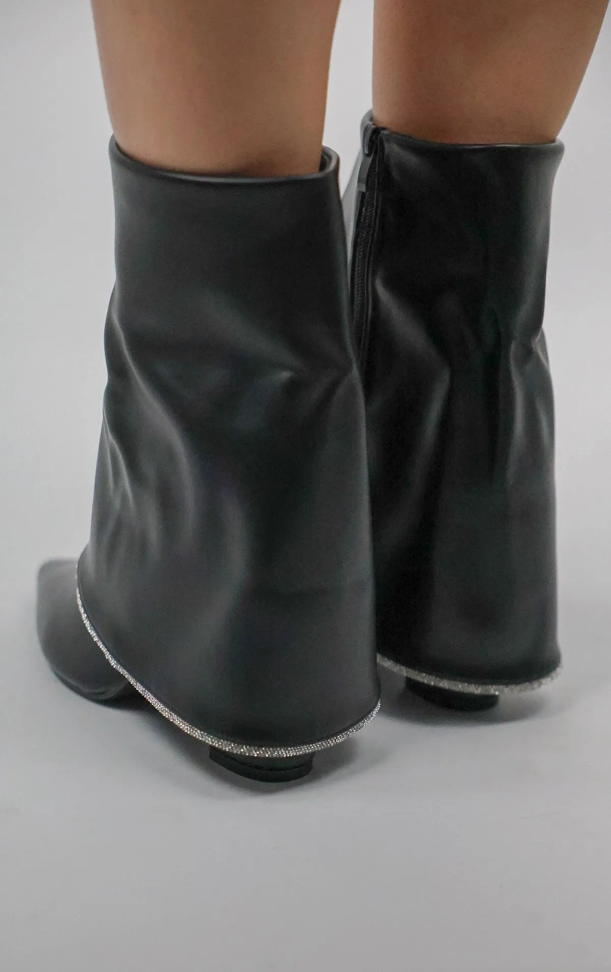 Black Block Heel Fold Over Diamante Trim Ankle Shark Boots