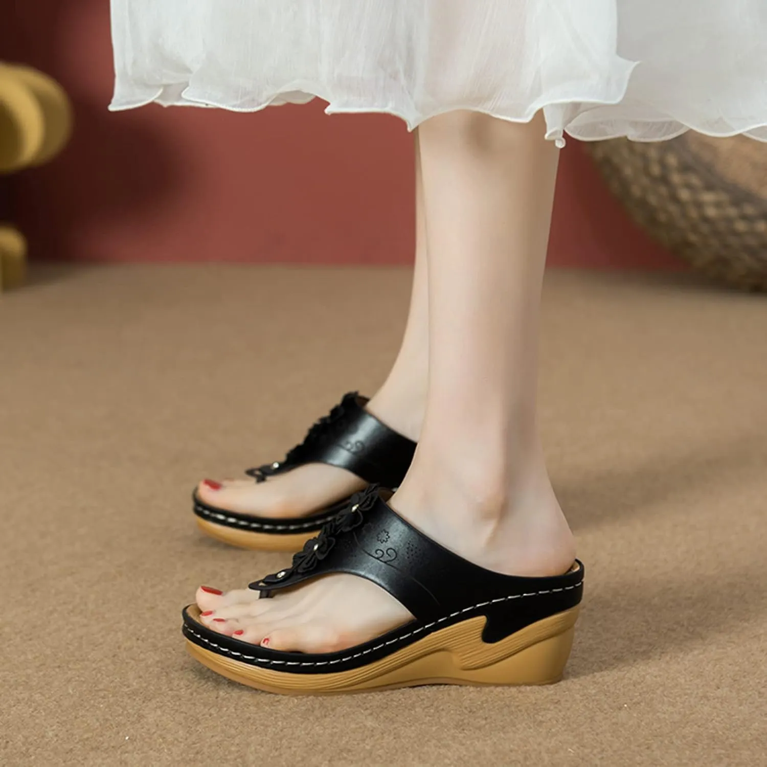 Bohemian Orthopedic Sandals for Women 2025 Floral Hollow Out Mesh Sports Sandals Casual Thick Soled Height Increasing Sandals