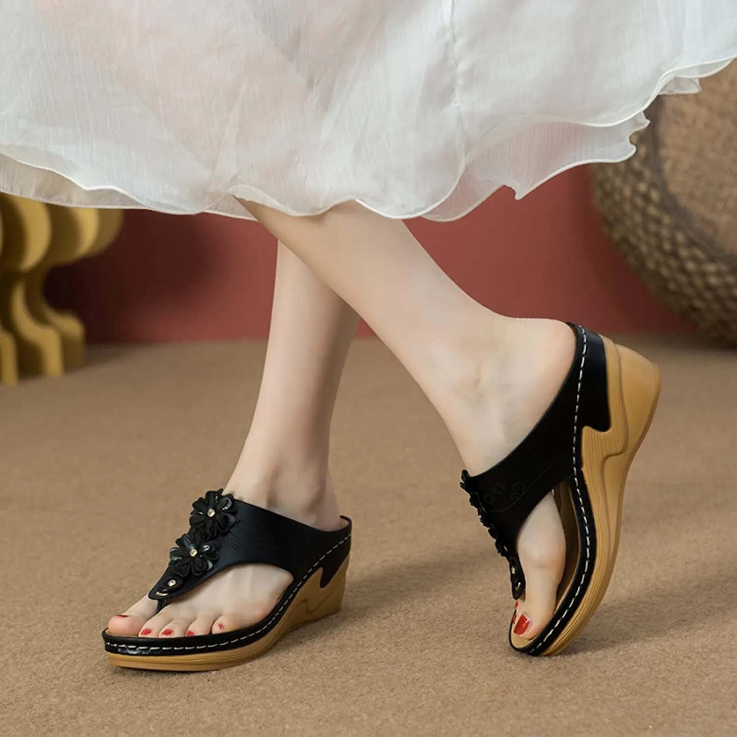 Bohemian Orthopedic Sandals for Women 2025 Floral Hollow Out Mesh Sports Sandals Casual Thick Soled Height Increasing Sandals