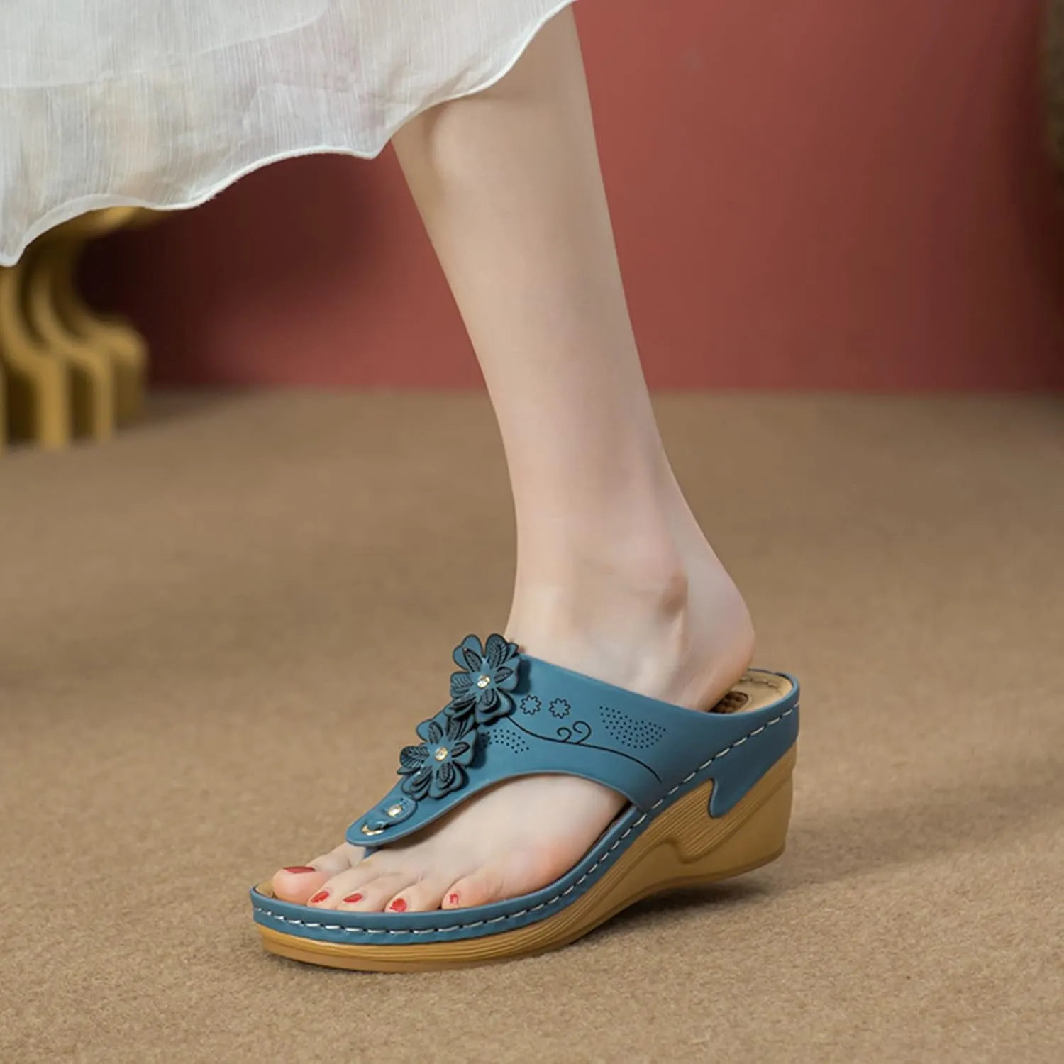 Bohemian Orthopedic Sandals for Women 2025 Floral Hollow Out Mesh Sports Sandals Casual Thick Soled Height Increasing Sandals