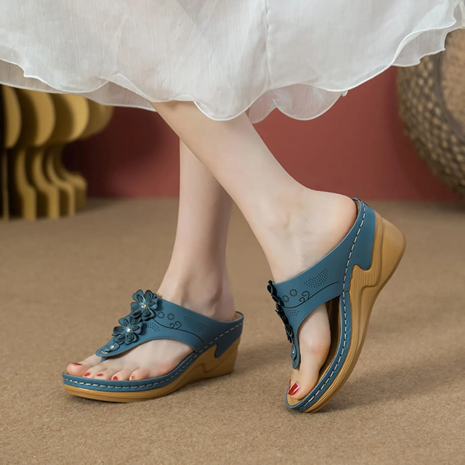 Bohemian Orthopedic Sandals for Women 2025 Floral Hollow Out Mesh Sports Sandals Casual Thick Soled Height Increasing Sandals