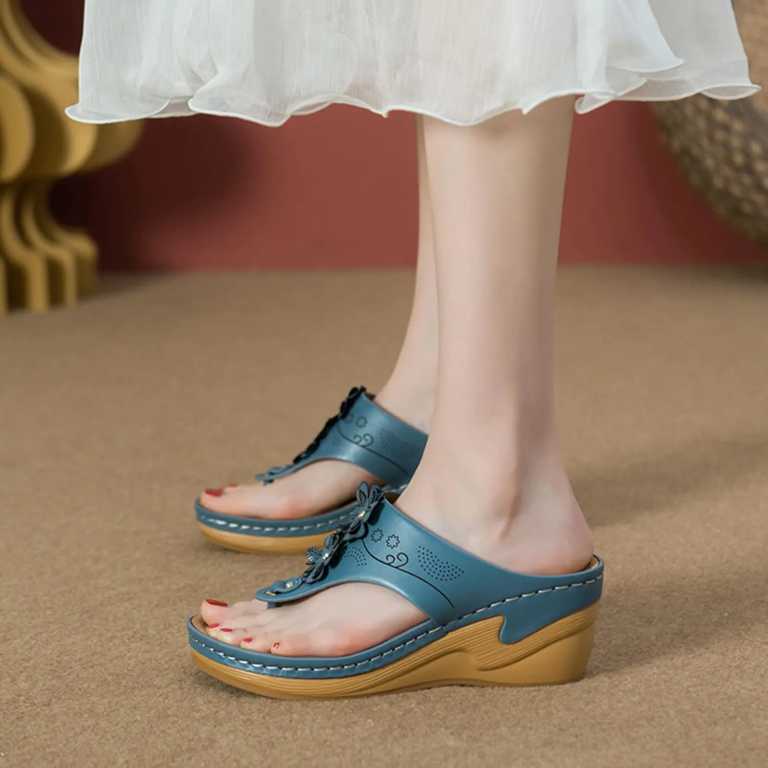 Bohemian Orthopedic Sandals for Women 2025 Floral Hollow Out Mesh Sports Sandals Casual Thick Soled Height Increasing Sandals