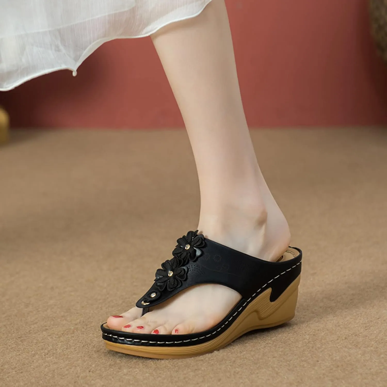 Bohemian Orthopedic Sandals for Women 2025 Floral Hollow Out Mesh Sports Sandals Casual Thick Soled Height Increasing Sandals
