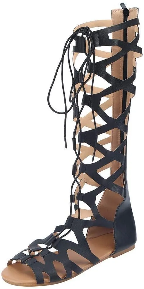 BORAMAX Strappy Gladiator Sandals - Flat, Lace Up, Open Toe, Knee High Roman Sandals for Women Summer Beach