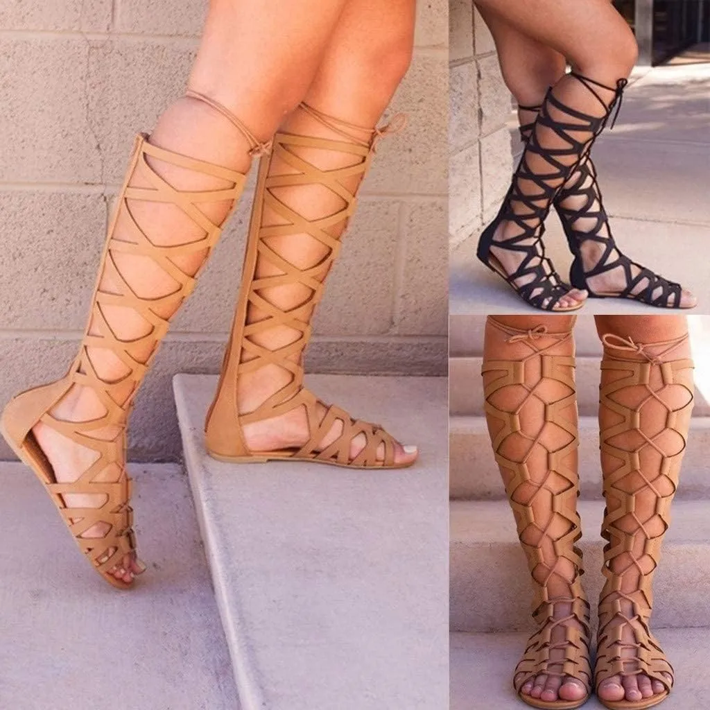 BORAMAX Strappy Gladiator Sandals - Flat, Lace Up, Open Toe, Knee High Roman Sandals for Women Summer Beach