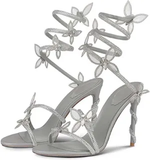 Butterflies Glitter Rhinestone Sandals for Women Bohemia Gladiator Roman Dual Strap Buckle Hollow Out Flat Sandal Dressy Open Toe Knee High Beach Shoes