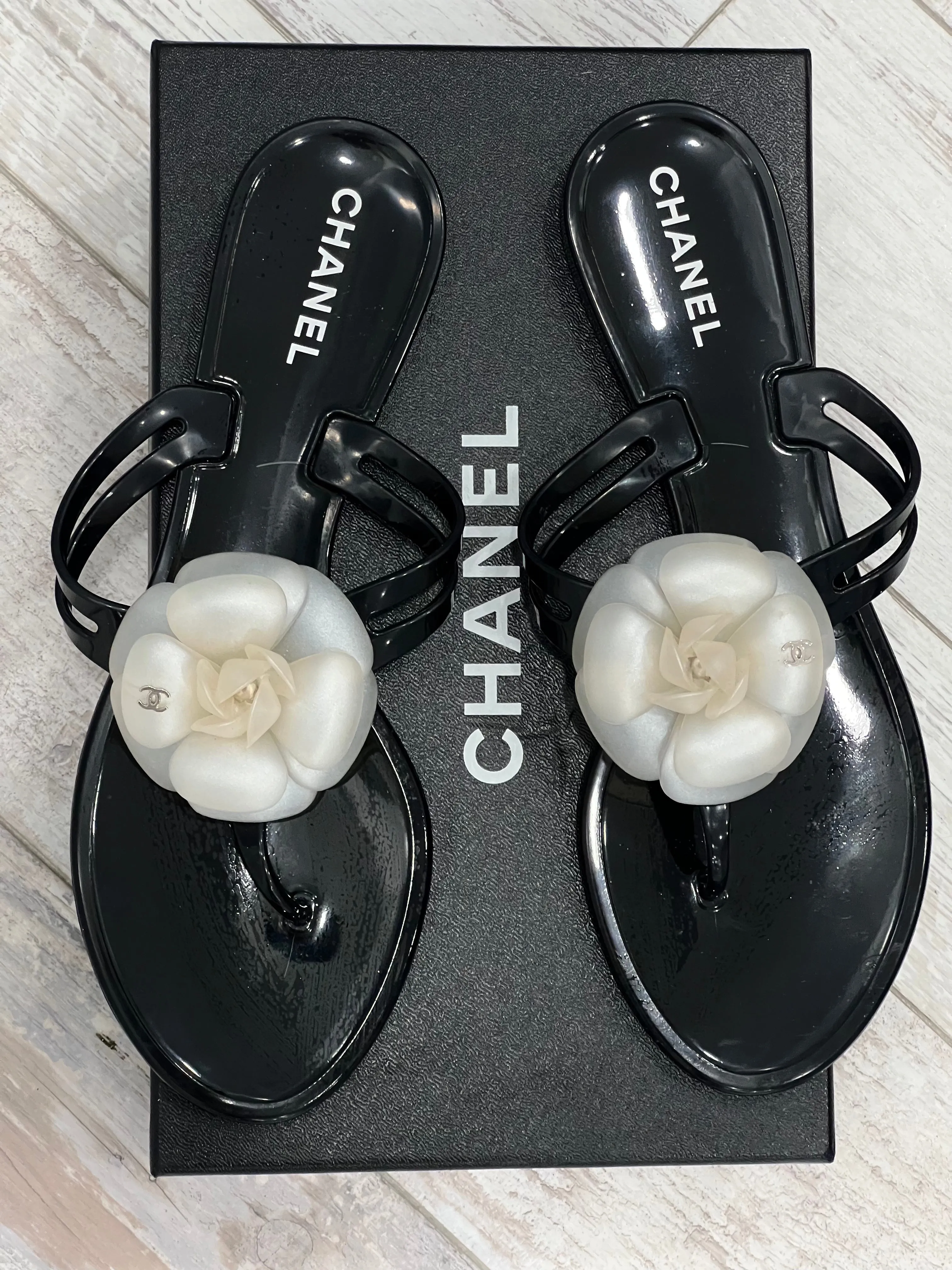 CHANEL CC JELLY CAMELLIA THONG SANDALS