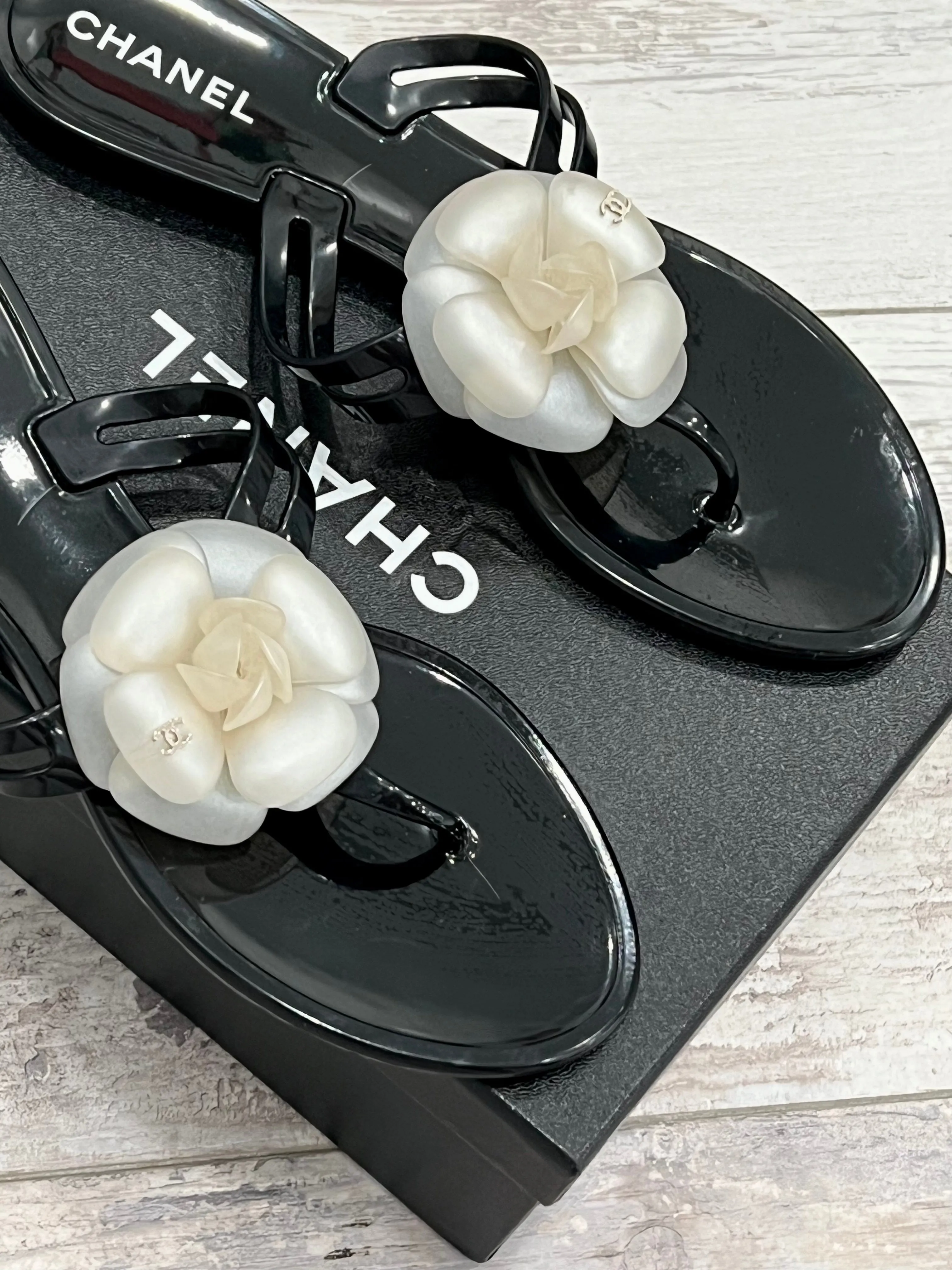 CHANEL CC JELLY CAMELLIA THONG SANDALS