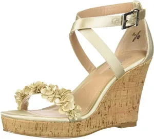 Charles David Lauryn Ivory Satin Floral Ankle Strap Cork Platform Wedge Sandal (6, Ivory)