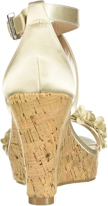 Charles David Lauryn Ivory Satin Floral Ankle Strap Cork Platform Wedge Sandal (6, Ivory)