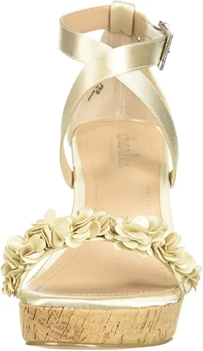 Charles David Lauryn Ivory Satin Floral Ankle Strap Cork Platform Wedge Sandal (6, Ivory)