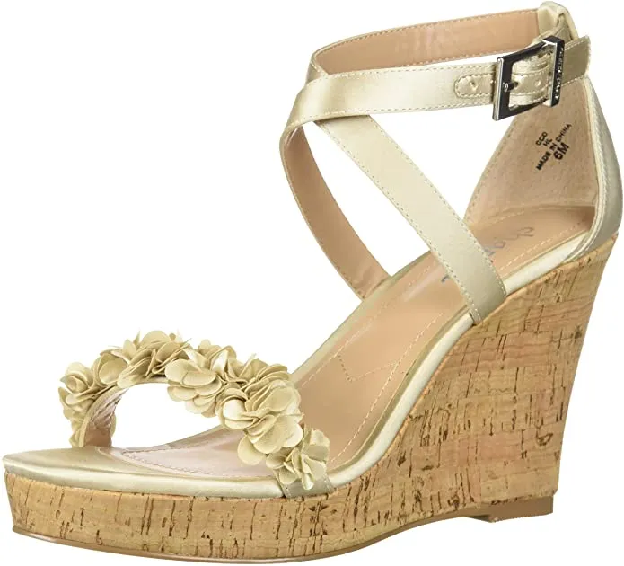 Charles David Lauryn Ivory Satin Floral Ankle Strap Cork Platform Wedge Sandal (6, Ivory)