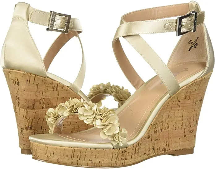 Charles David Lauryn Ivory Satin Floral Ankle Strap Cork Platform Wedge Sandal (6, Ivory)