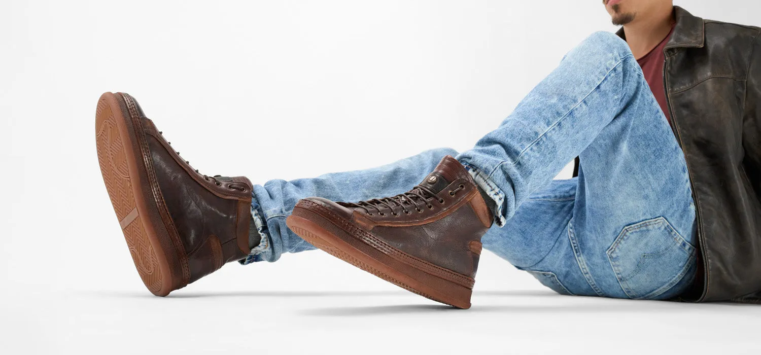 COLE cognac welted distressed high sneakers.