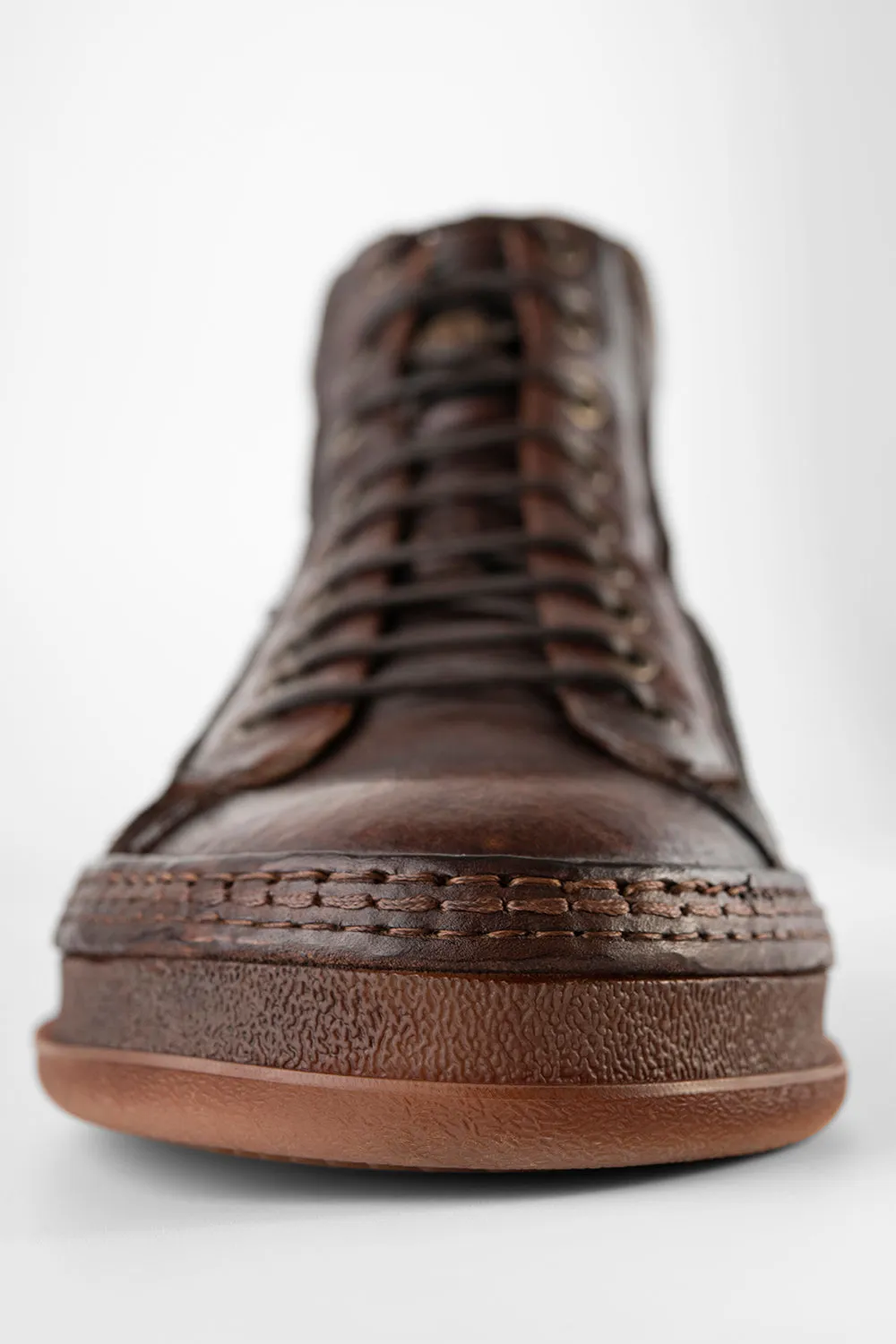 COLE cognac welted distressed high sneakers.