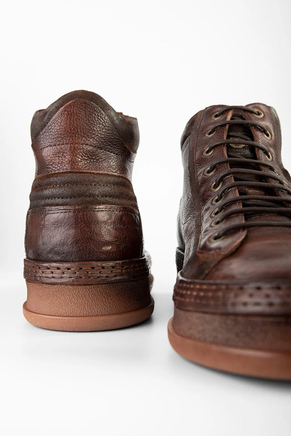 COLE cognac welted distressed high sneakers.