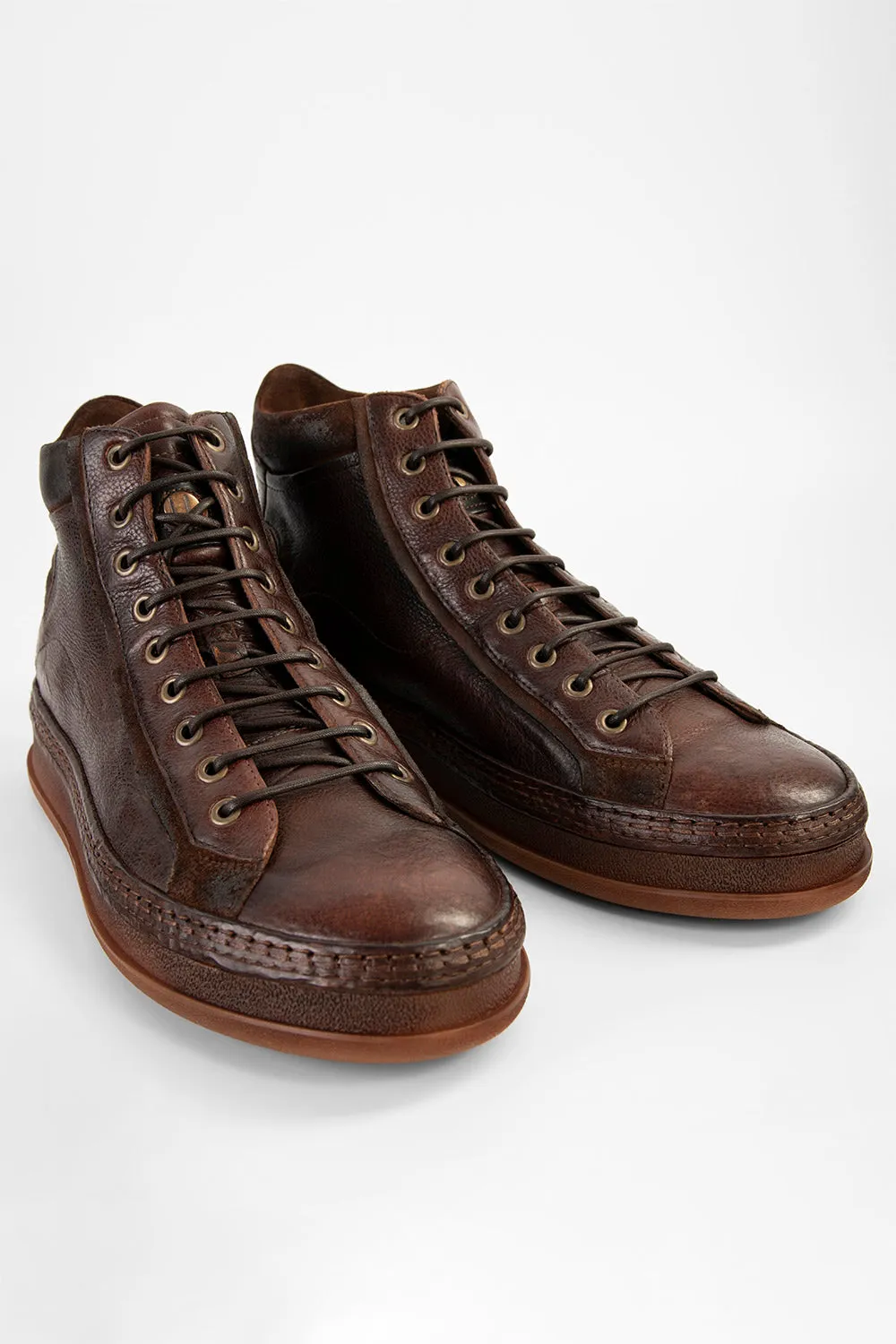 COLE cognac welted distressed high sneakers.
