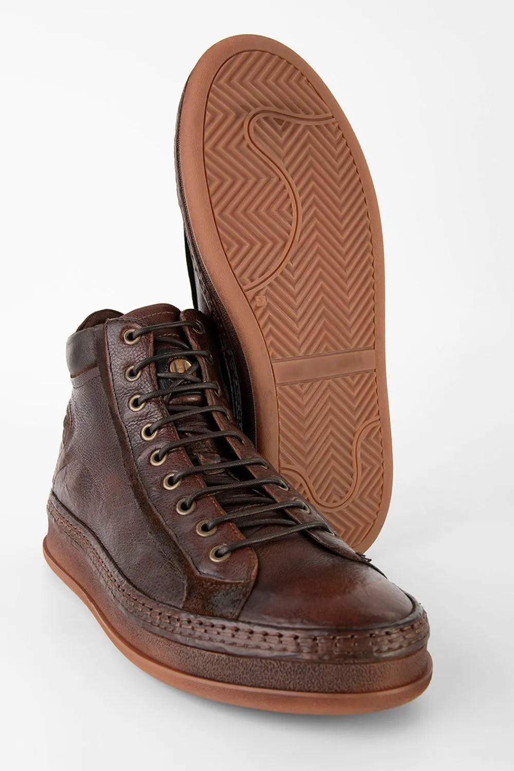 COLE cognac welted distressed high sneakers.