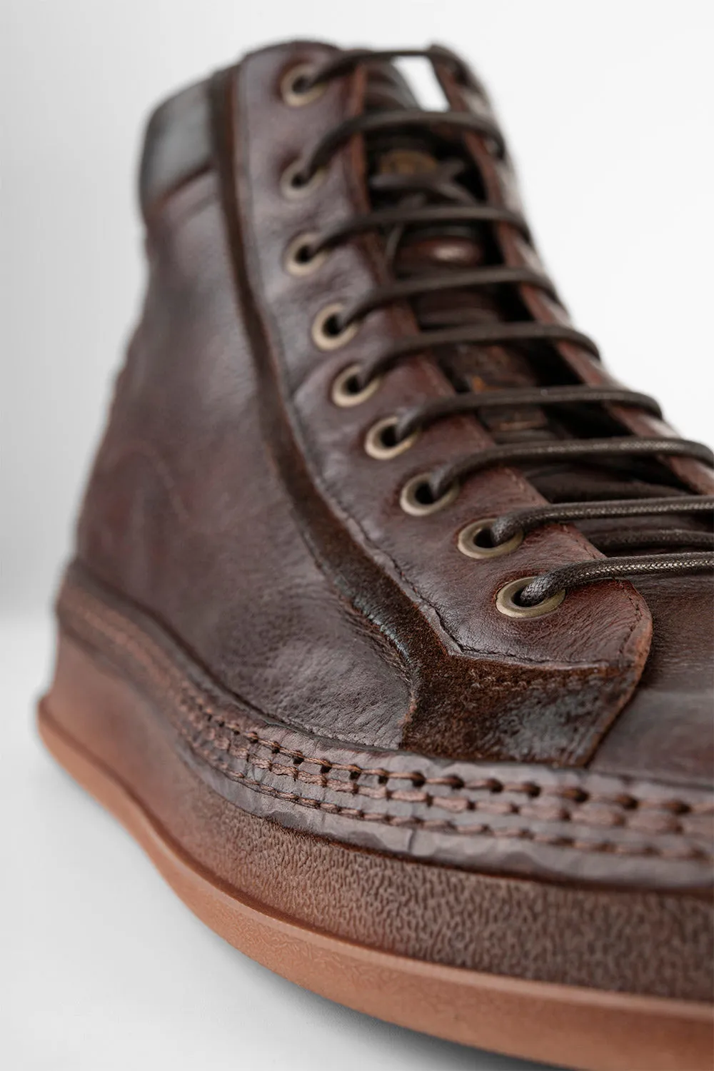 COLE cognac welted distressed high sneakers.