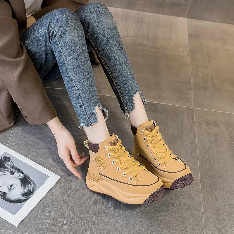 Cow Leather Platform Versatile Ankle Boots