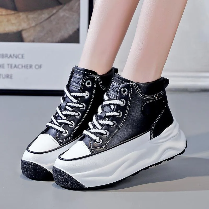 Cow Leather Platform Versatile Ankle Boots
