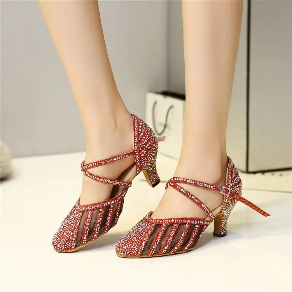 DKZSYIM Women's Latin Dance Shoes Ballroom Performance Rhinestone Wedding Dance Shoes,Model YCL403