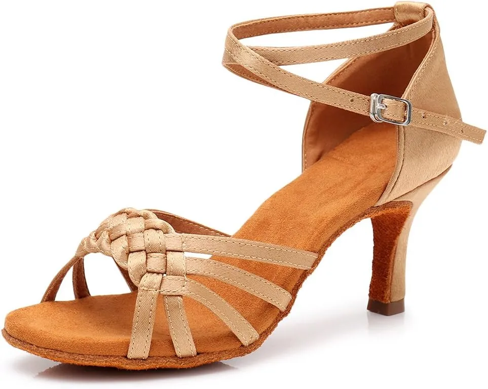 DKZSYIM Women's Satin Latin Dance Shoes Ballroom Performance Shoes Model WH1218