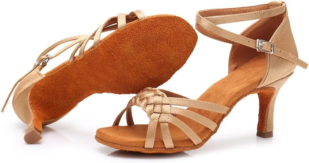 DKZSYIM Women's Satin Latin Dance Shoes Ballroom Performance Shoes Model WH1218