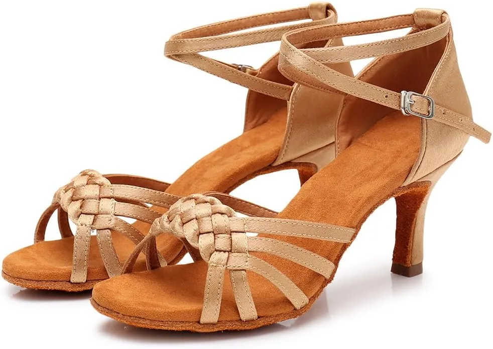 DKZSYIM Women's Satin Latin Dance Shoes Ballroom Performance Shoes Model WH1218