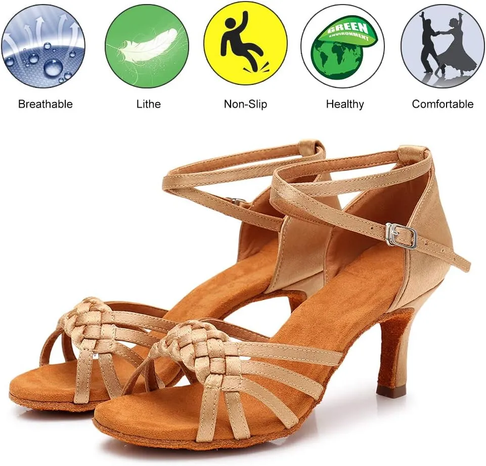 DKZSYIM Women's Satin Latin Dance Shoes Ballroom Performance Shoes Model WH1218