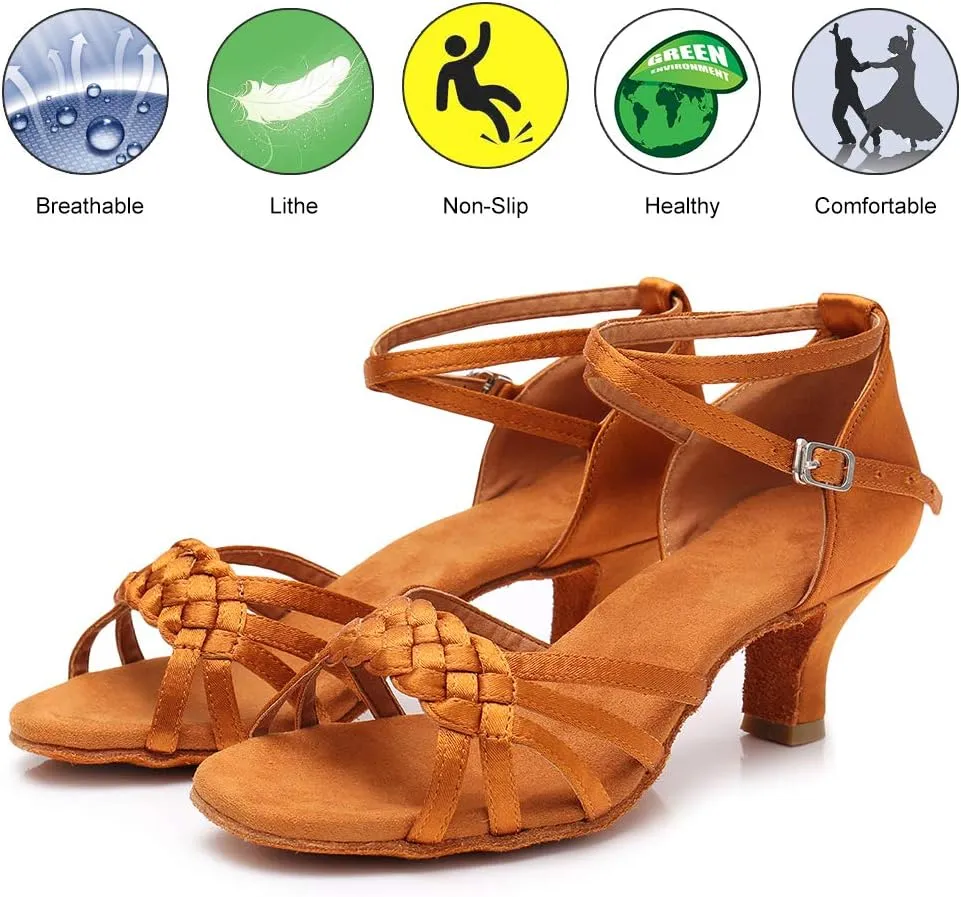 DKZSYIM Women's Satin Latin Dance Shoes Ballroom Performance Shoes Model WH1218