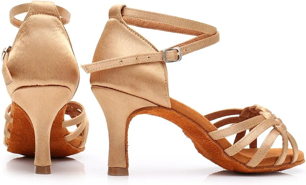 DKZSYIM Women's Satin Latin Dance Shoes Ballroom Performance Shoes Model WH1218