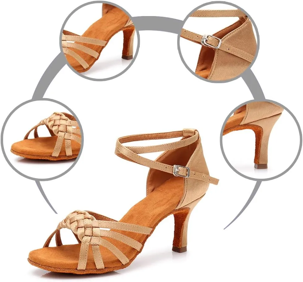 DKZSYIM Women's Satin Latin Dance Shoes Ballroom Performance Shoes Model WH1218