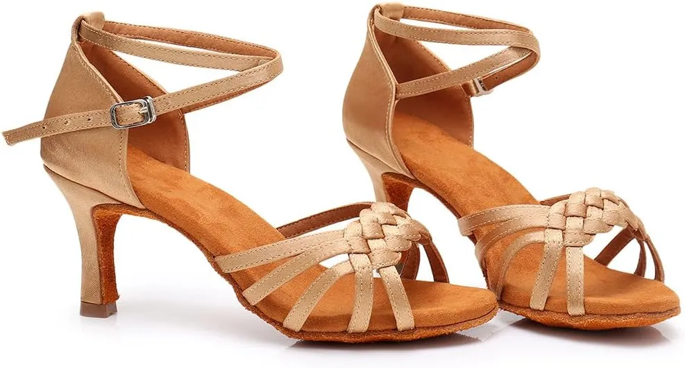 DKZSYIM Women's Satin Latin Dance Shoes Ballroom Performance Shoes Model WH1218