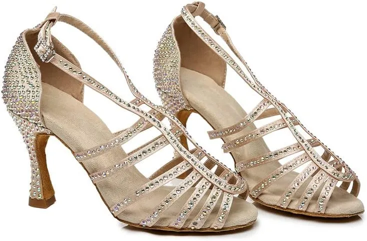 DKZSYIM Women's Satin Latin Dance Shoes Ballroom Performance Shoes,Model YCL413