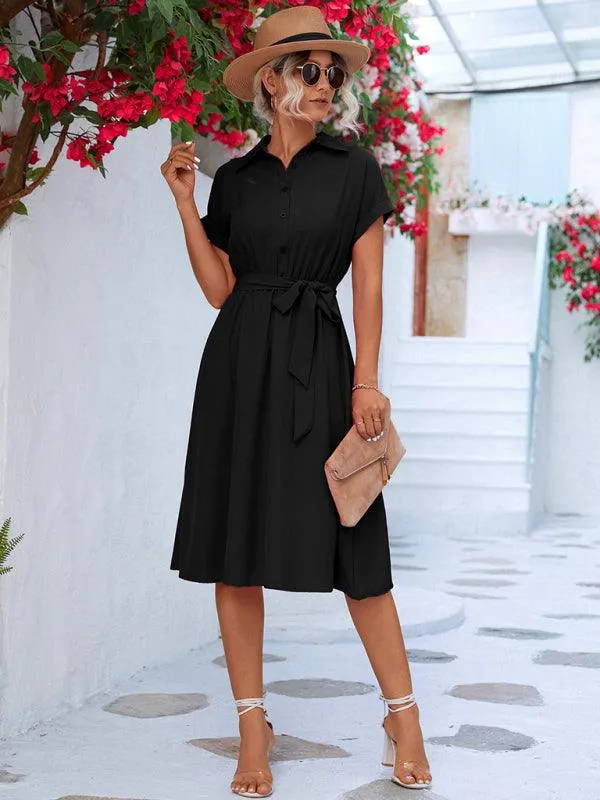 Elegant Button-Down Shirt Dress with Adjustable Waist Tie - Fashionable and Multi-Functional Design