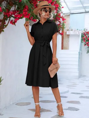 Elegant Button-Down Shirt Dress with Adjustable Waist Tie - Fashionable and Multi-Functional Design