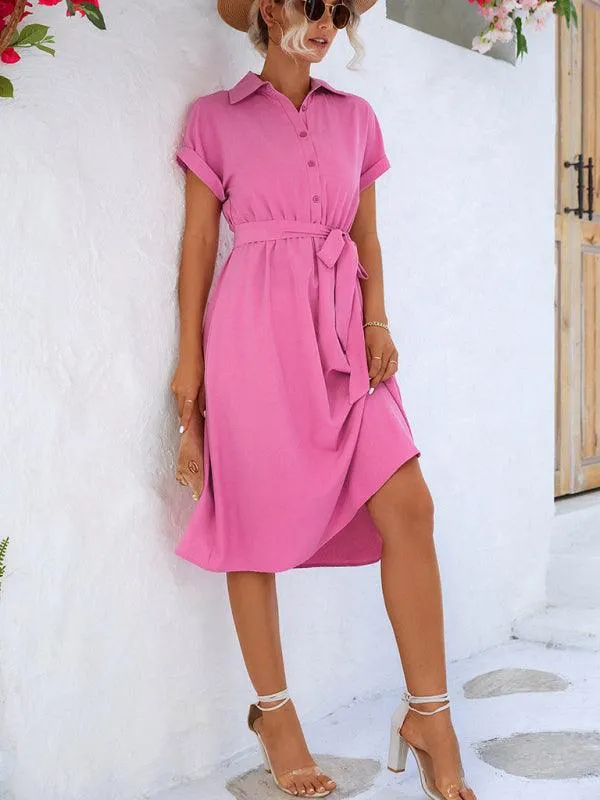 Elegant Button-Down Shirt Dress with Adjustable Waist Tie - Fashionable and Multi-Functional Design