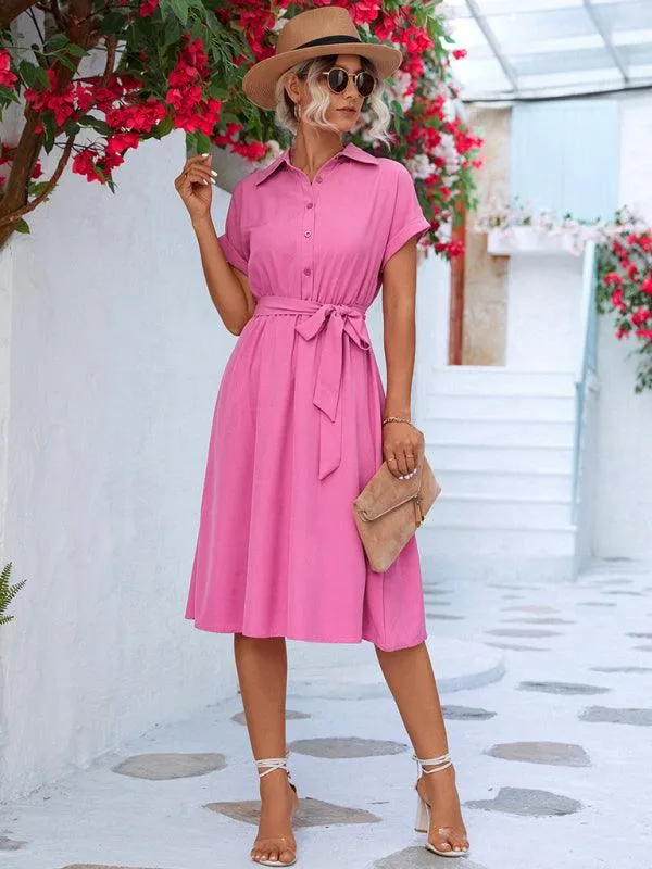 Elegant Button-Down Shirt Dress with Adjustable Waist Tie - Fashionable and Multi-Functional Design