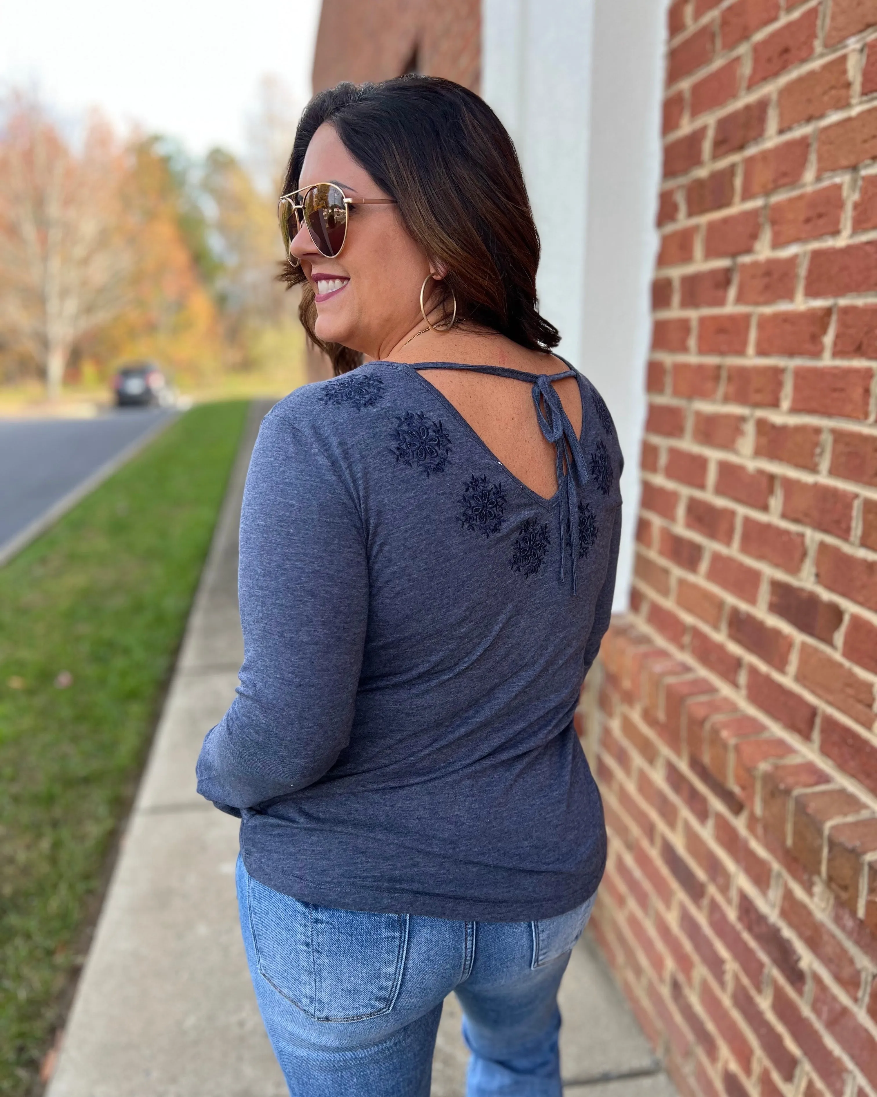Faye Embroidered Blouse in Navy FINAL SALE